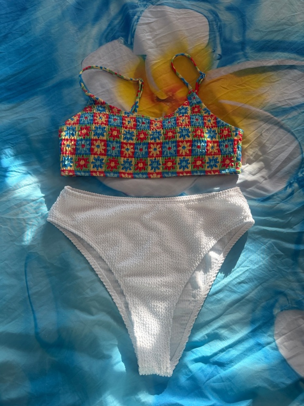 Floral Bikini Top with White High-Cut Cheeky Bottoms